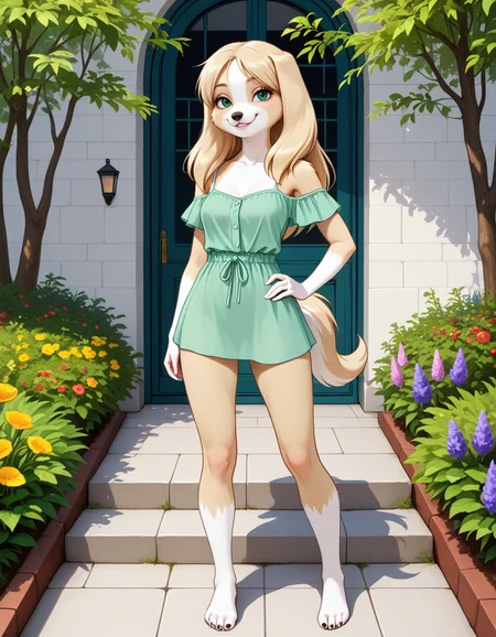 masterpiece, best quality, very aesthetic, absurdres,
outdoors, casual,
standing, posing,
full body, seductive smile, parted lips, long eyelashes,
<lora:Kelsey_v01_NAIXL:1>
Ke1s3y,1girl,solo,furry,furry female, dog girl, long hair, blonde hair, dog ears, green eyes, snout, animal nose, body fur, two-tone fur, yellow fur, white fur, dog tail,