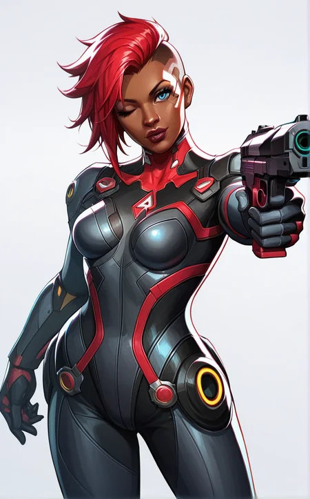 score_9, score_8_up, score_7_up, absurdres, <lora:PONYXL_STYLE_MarvelRivels_ownwaifu:1>, BREAK PONYXL_STYLE_MarvelRivels_ownwaifu, 1girl, looking at viewer, blue eyes, hair over one eye, red hair, one eye closed, power armor, lips, holding gun, black bodysuit, assault rifle, short hair, holding weapon, neon trim, science fiction, simple background, cowboy shot, dark skin, official alternate costume, grey background, dark-skinned female, head tilt, makeup, nose, aiming at viewer, finger on trigger, contrapposto, asymmetrical hair, cyberpunk, sidecut<lora:add-detail-xl:0.15>,