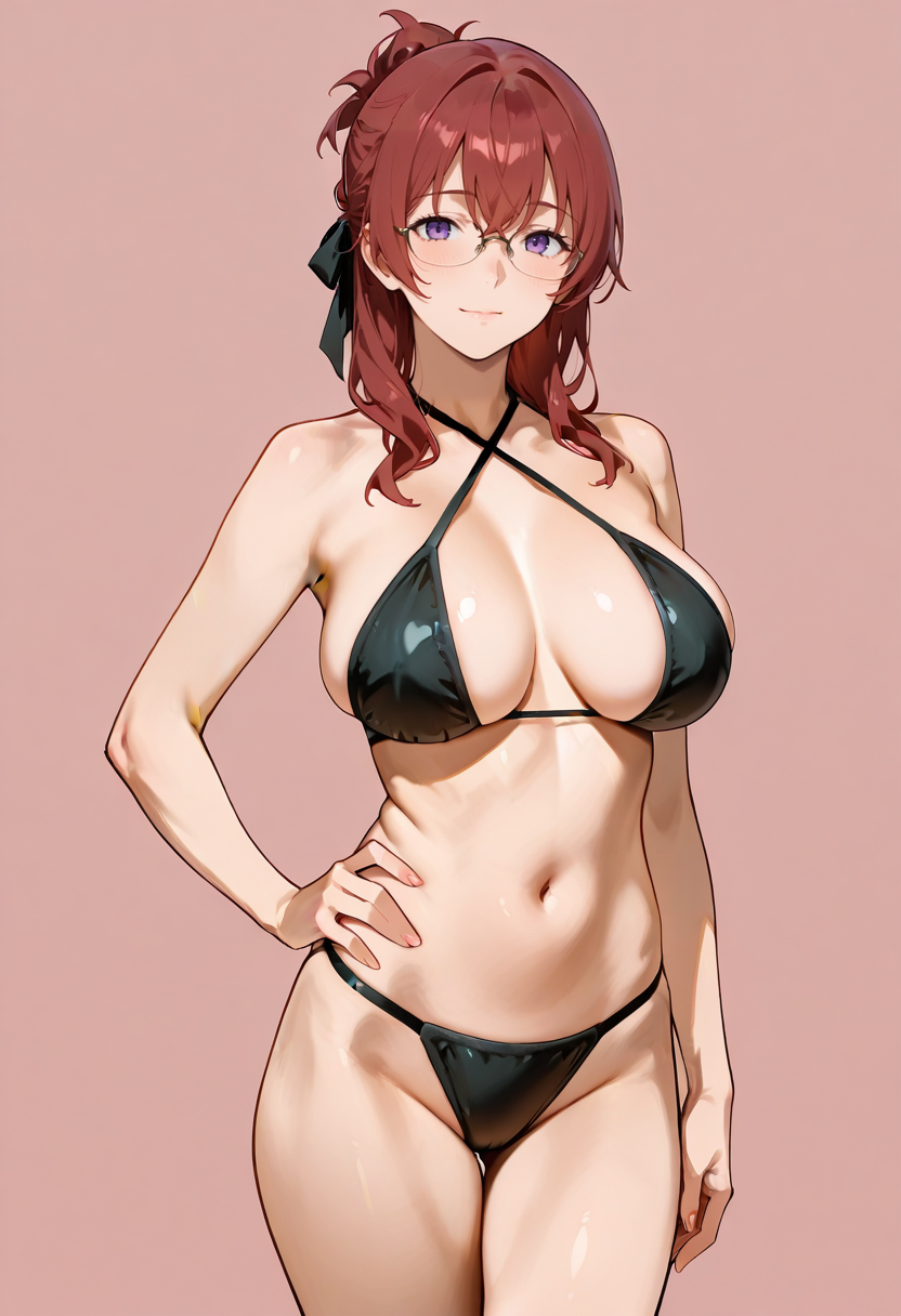 masterpiece, best quality,
1girl, solo, cowboy shot,
standing, hand on own hip,
looking at viewer, light smile,
<lora:Lilia_Greyrat:1> L1l14Gr31r4t, purple eyes, glasses, red hair, hair ribbon, mature female, large breasts, 
simple background, pink background,         
 <lora:X_micro_bikini:0.6> X_m1cr0_b1k1n1, criss-cross halter, bikini,