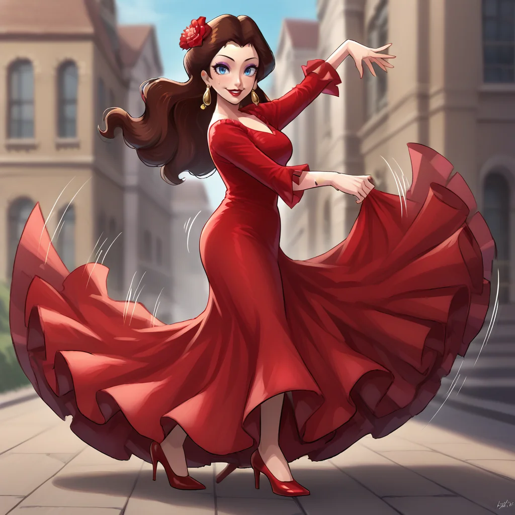 score_9, score_8_up, score_7_up, score_6_up, score_5_up, score_4_up, zPDXL2,source_anime,rating_questionable,1girl, solo, outdoors, dancing,looking at viewer, smile, sweat, motion lines, motion blur, <lora:Pauline_-_Mario_Series:0.8> Pauline, Earrings, makeup, long brown hair, blue eyes <lora:Flamenco_Dress:0.8> fl4m3nco, hair flower, long dress, frills, high heels