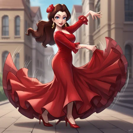 score_9, score_8_up, score_7_up, score_6_up, score_5_up, score_4_up, zPDXL2,source_anime,rating_questionable,1girl, solo, outdoors, dancing,looking at viewer, smile, sweat, motion lines, motion blur, <lora:Pauline_-_Mario_Series:0.8> Pauline, Earrings, makeup, long brown hair, blue eyes <lora:Flamenco_Dress:0.8> fl4m3nco, hair flower, long dress, frills, high heels