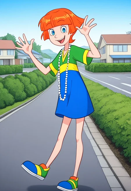 1 girl, solo, orange hair, short hair, blue eyes, large shirt, multicolored shirt, v-neck shirt, long pearl necklace, multicolored shoes, smiling, looking at viewer, open mouth, waving, suburban neighborhood, outdoors, bright sun, blue sky,