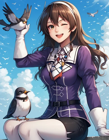 score_9, score_8_up, score_7_up,
ashigara (kancolle), altern4tec0stume, animal, bird, blue sky, cat, cloud, day, one eye closed, open mouth, seagull, sitting, sky, smile, avian, human, feral, group, wink, outside, ambiguous gender, white body, duo, solo focus, black bottomwear, passerine, oscine
 <lora:ashigara:0.9>
