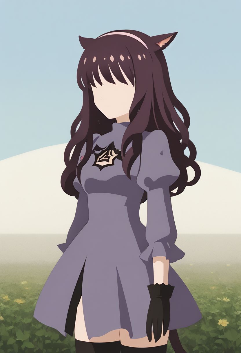 MinimalStyle, simple, faceless female, beautiful, extremely detailed, vector, headshot,  no2 type b dress, source_anime, newest, 1girl, solo, dress, thighhighs, outdoors, cat ears, miqo'te, purple hair, curly hair, long hair, hairband,  puffy sleeves, purple dress, standing, portrait,  gloves, BREAK PonyXLV6_Scores