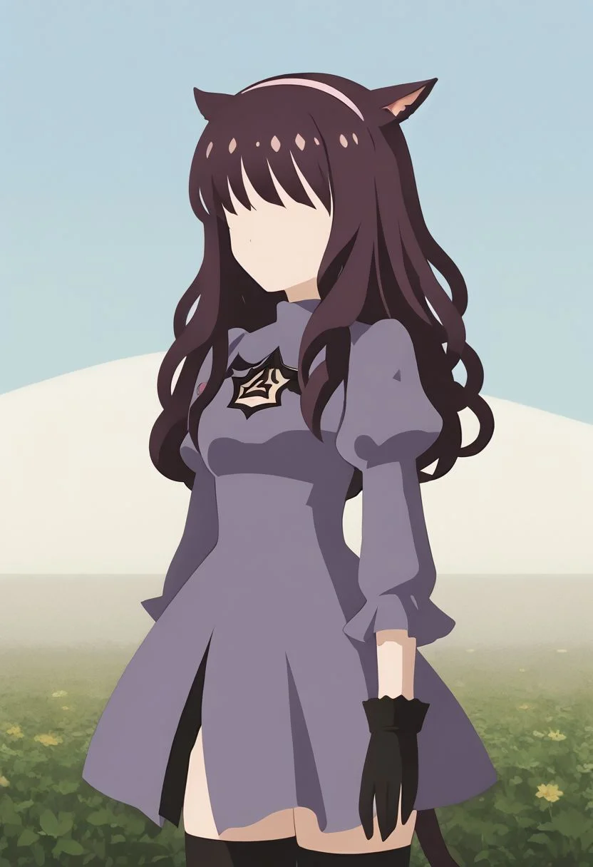 MinimalStyle, simple, faceless female, beautiful, extremely detailed, vector, headshot, no2 type b dress, source_anime, newest, 1girl, solo, dress, thighhighs, outdoors, cat ears, miqo'te, purple hair, curly hair, long hair, hairband, puffy sleeves, purple dress, standing, portrait, gloves, BREAK PonyXLV6_Scores