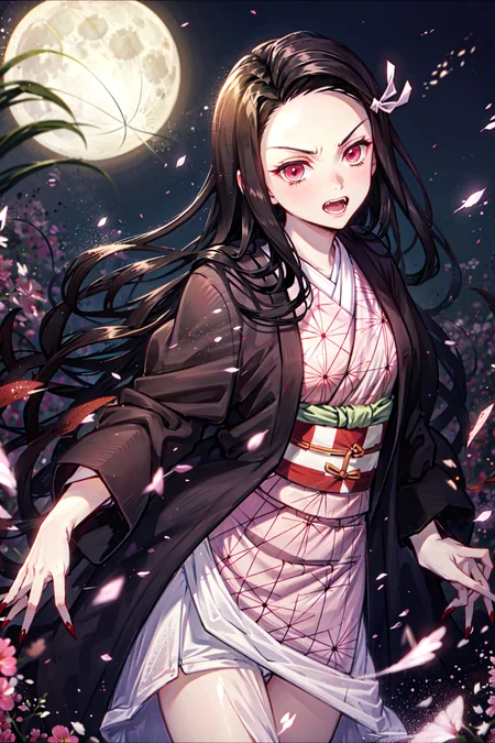 1girl, kamado nezuko, demon kimetsu no yaiba, cowboy shot, demon girl, kimono, full moon, <lora:nezukolora_:0.7>, veins, fangs, red eyes, anger, claws,