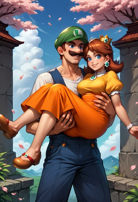 score_9, score_8_up, score_7_up, source_anime, princess carry
BREAK outdoors, day, cherry blossoms,
BREAK 1boy, male focus, Incrsluigi, luigi, green headwear, smile, <lora:Luigi_XLPD:1>, blue overalls, white gloves, long sleeves, muscular, standing,
BREAK 1girl, princess daisy, orange dress, crown, smile, short sleeves, puffy sleeves, jewelry,