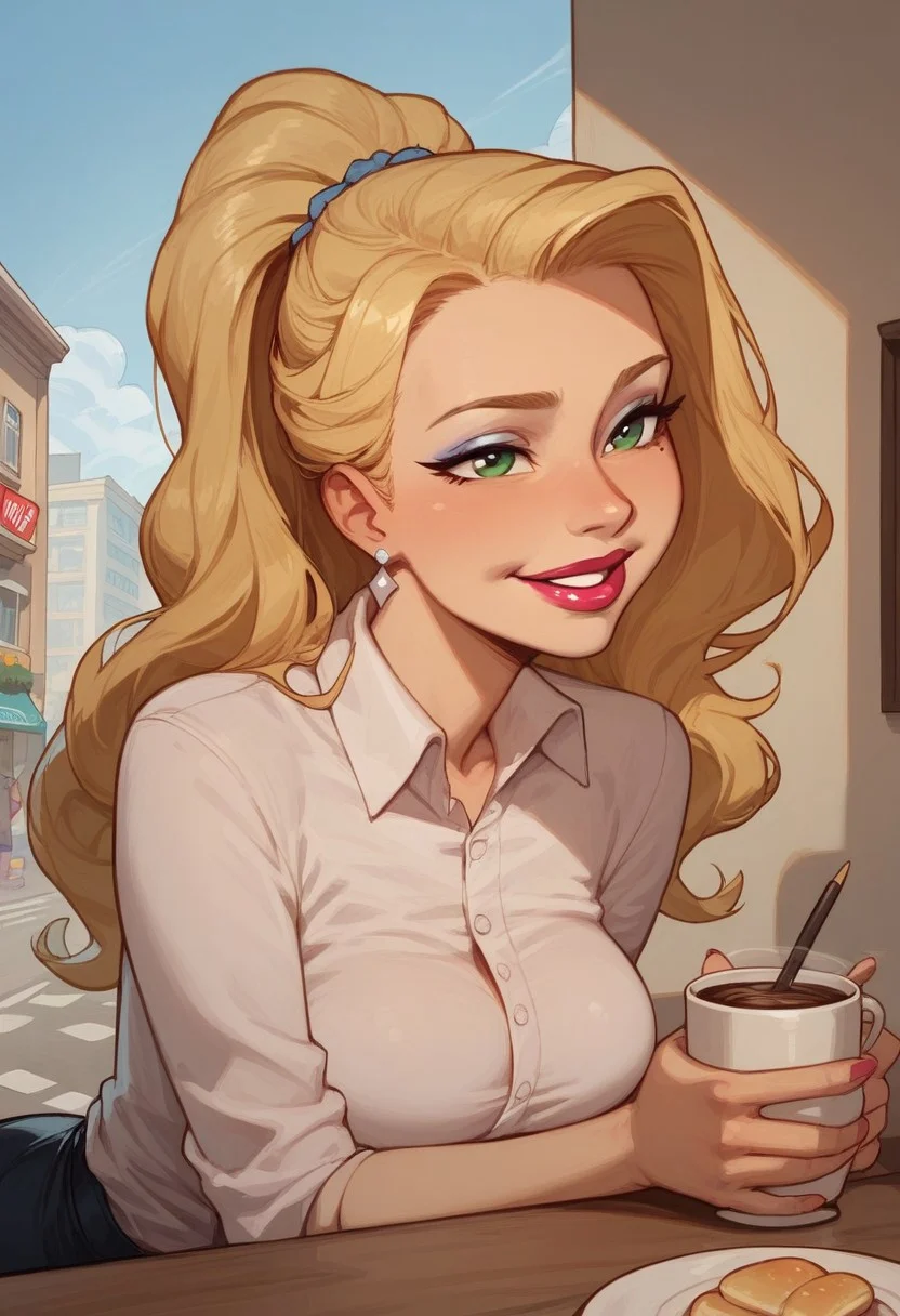 score_9, score_8_up, score_8. score_9, score_8_up, score_7_up, score_6_up, masterpiece, 4k, high quality, (best quality:1.1), ExpressiveH
BREAK
1girl, Blondie, makeup, lipstick, earrings, blonde hair, long hair, high ponytail, , bright perfect green eyes, lipstick, medium breasts, smile, motion lines, happy smile, sexy, seductive
standing, serving coffee over a counter top leaning forward, tight white t shirt,
BREAK
sunny day, city street, hole in the wall café
