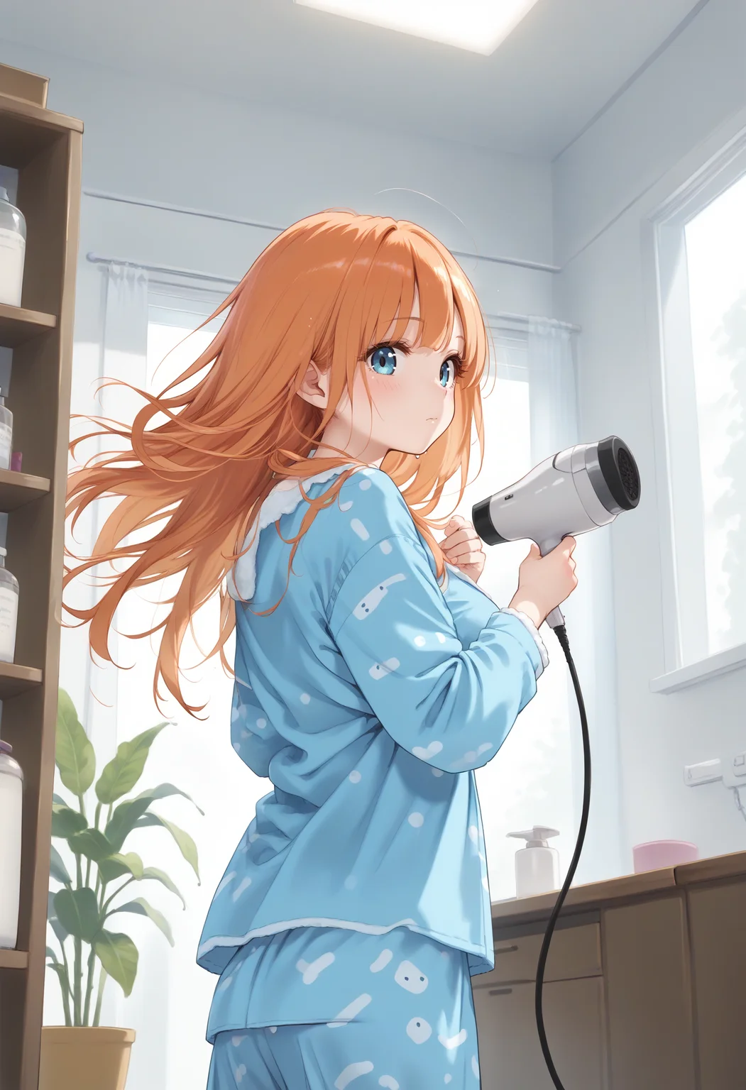 score_9, score_8_up, score_7_up, source_anime,
1girl,solo,medium breasts,
hair dryer,drying hair,pajamas, wet hair ,floating hair,wind, after bathing,hand in own hair ,indoors,<lora:hairdryer_Pony_v1:0.8>
ceiling, panorama shot, looking back, orange hair, gray eyes,disappointed, closed mouth, tri tails hair,
