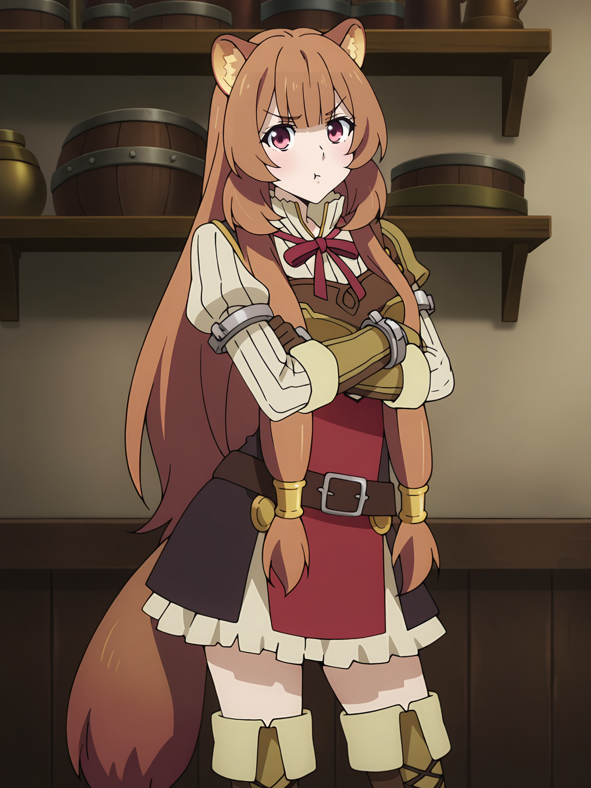 <lora:Raphtalia:0.8>, raphtalia, tate no yuusha no nariagari, 1girl, solo, red eyes, long brown hair, twintails, raccoon ears, raccoon tail, white pleated shirt, long puffy sleeves, red ribbon, red dress, metal armlet, thigh leather boots, asymmetrical leather pauldrons, elbow leather gloves, leather breastplate, metal bracelets, brown belt, annoyed, closed mouth, raised inner eyebrows, pout, standing, contrapposto, crossed arms, cowboy shot, looking at viewer, indoors, shelf