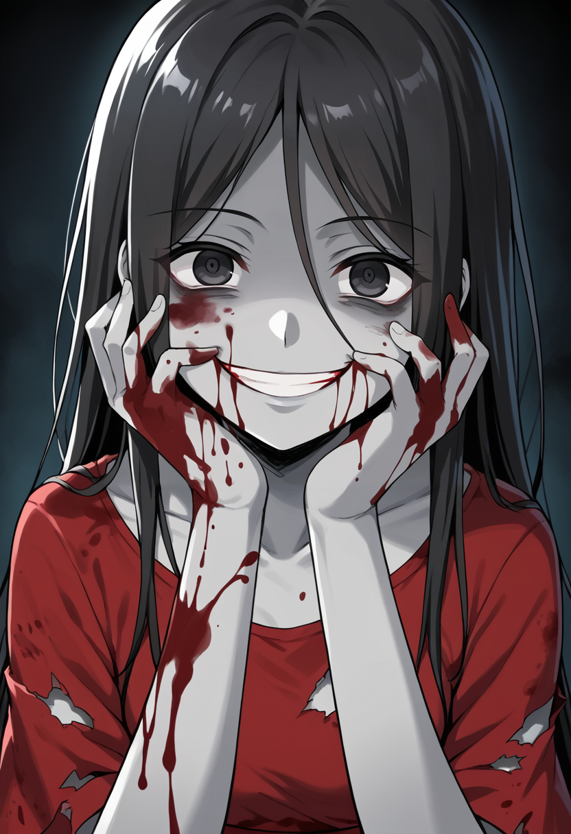 masterpiece, best quality, uncensored, source_anime, score_9, score_8_up, score_7_up, score_6_up, score_5_up, score_4_up, 1girl, solo, sachiko shinozaki, colored skin, grey skin. long hair, black hair, black eyes, red dress, torn clothes, yandere, evil smile, blood, blood on face, blood on clothes, blood on body, Yandere trance, hands on own face, hands on own cheeks, close-up, head tilt <lora:SachikoShinozaki:0.8> <lora:Yandere_Expression_v1.0:1>