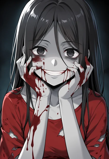 masterpiece, best quality, uncensored, source_anime, score_9, score_8_up, score_7_up, score_6_up, score_5_up, score_4_up, 1girl, solo, sachiko shinozaki, colored skin, grey skin. long hair, black hair, black eyes, red dress, torn clothes, yandere, evil smile, blood, blood on face, blood on clothes, blood on body, Yandere trance, hands on own face, hands on own cheeks, close-up, head tilt <lora:SachikoShinozaki:0.8> <lora:Yandere_Expression_v1.0:1>