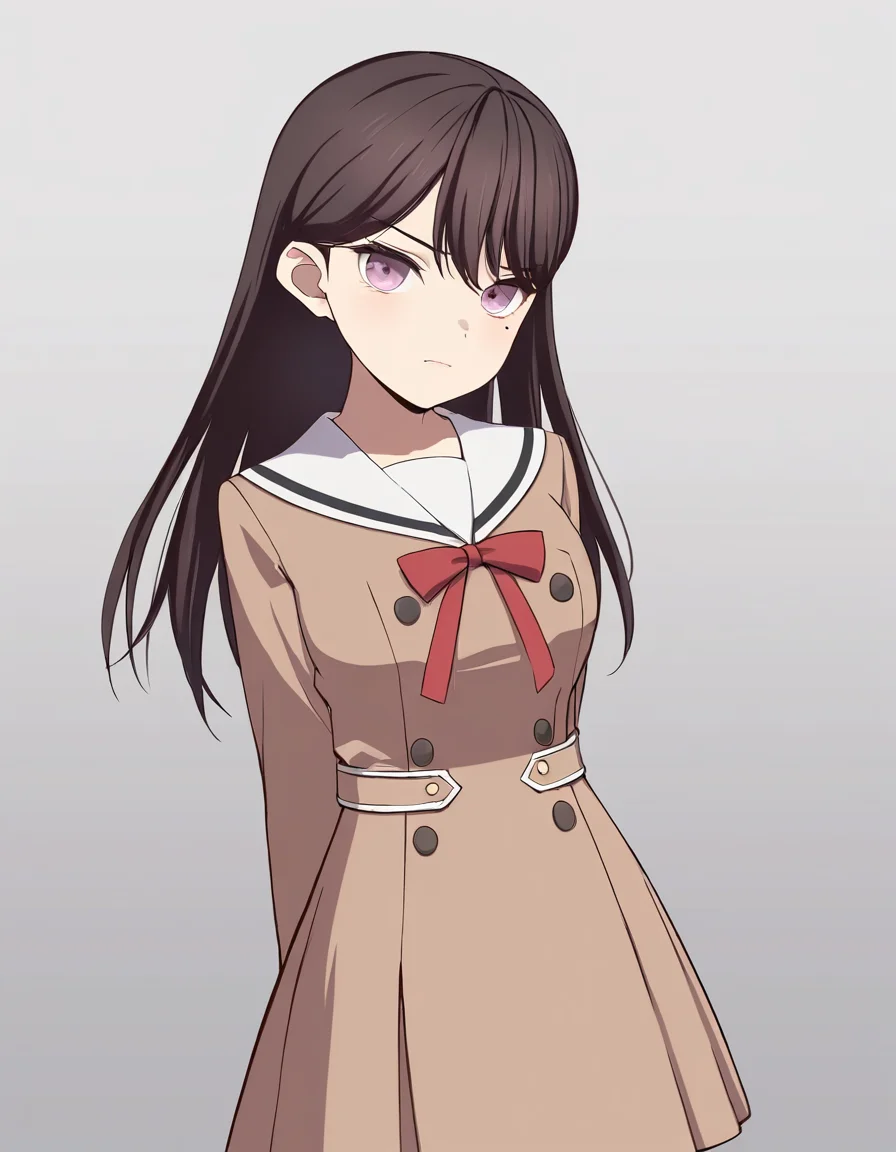 shiiina taki, 1girl, solo, simple background, looking at viewer, medium breasts, hanasakigawa school uniform, brown dress, long sleeves, red ribbon, double-breasted, white sailor collar, <lora:shiina_taki_IlluXL:1>, (tianliang duohe fangdongye:0.4),(hara_(harayutaka):0.3), grey background, cowboy shot, standing, arms behind back, arms at sides, [[mole under eye]], gradient background,, best quality, masterpiece,highres,