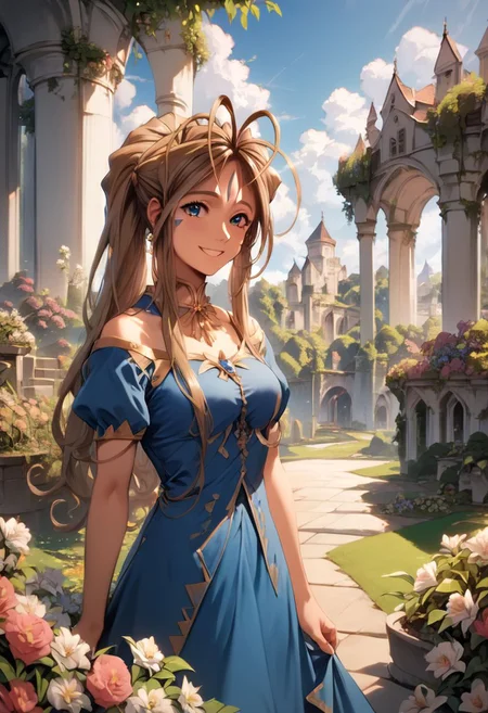 score_9, score_8_up, score_7_up, Belldandy, smile, blue dress, jewelry, cowboy shot, garden, outdoors, mansion, flowers, sky, (high resolution), ((masterpiece)), (highest quality), 4k wallpaper, detailed face, detailed eyes, beautiful eyes, delicate features, anime style