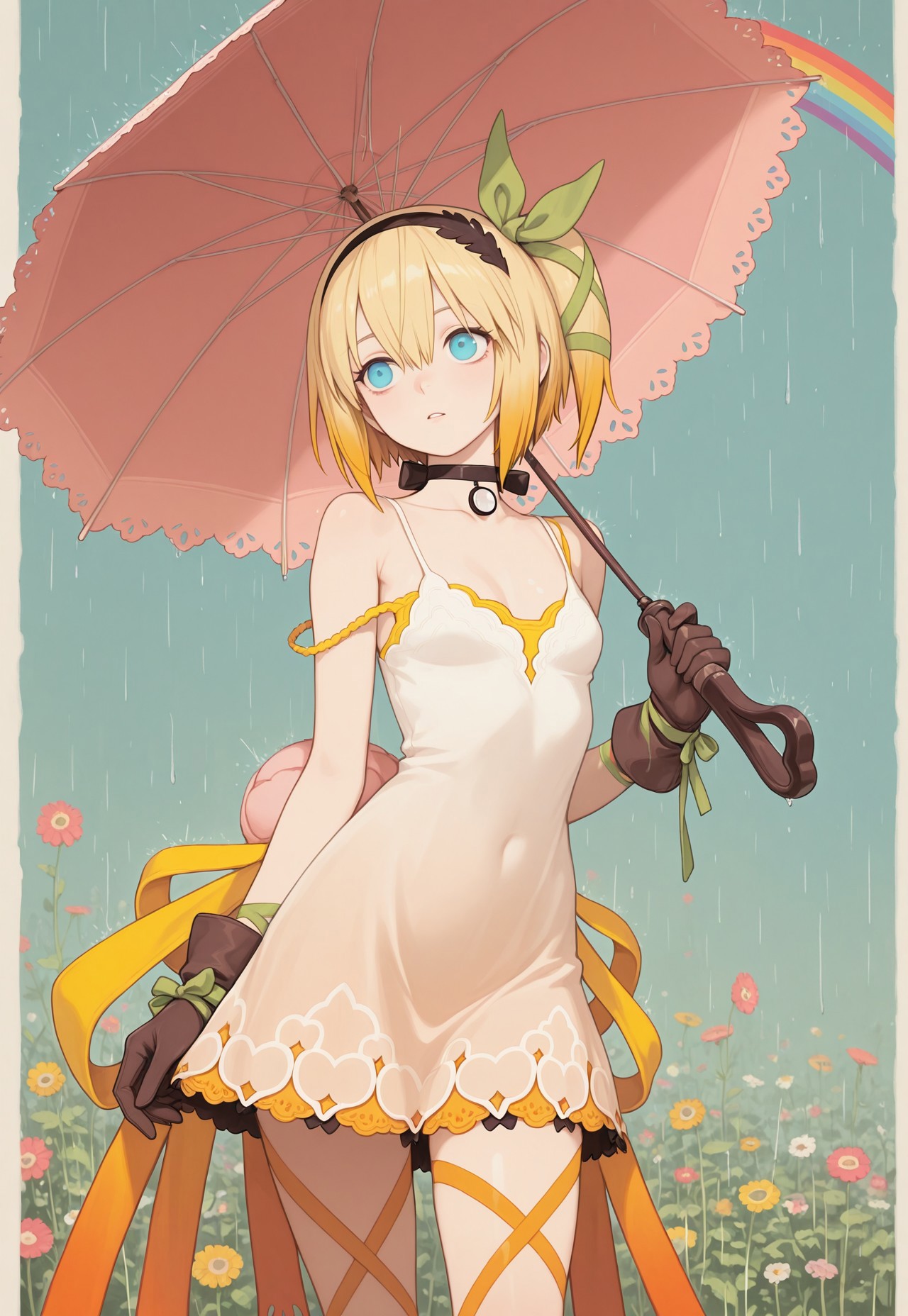 IllusP0s, clear eyes, detailed eyes,

vdsur, surreal, colorful background, rainbow order, 

1girl, solo, aaedna, short hair, blonde hair, side ponytail, hair ribbon, black hairband, blue eyes, small breasts, black choker, single glove, strap slip, white dress, brown gloves, leg ribbon, yellow ribbon,  colorful umbrella, holding umbrella, rain, rainbow sunset