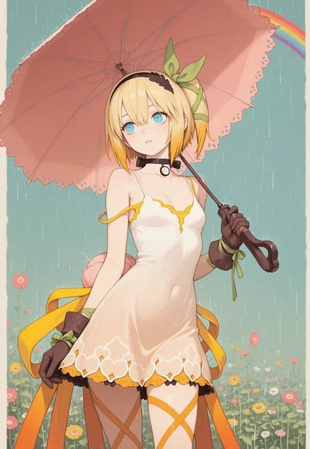IllusP0s, clear eyes, detailed eyes,
vdsur, surreal, colorful background, rainbow order,
1girl, solo, aaedna, short hair, blonde hair, side ponytail, hair ribbon, black hairband, blue eyes, small breasts, black choker, single glove, strap slip, white dress, brown gloves, leg ribbon, yellow ribbon, colorful umbrella, holding umbrella, rain, rainbow sunset