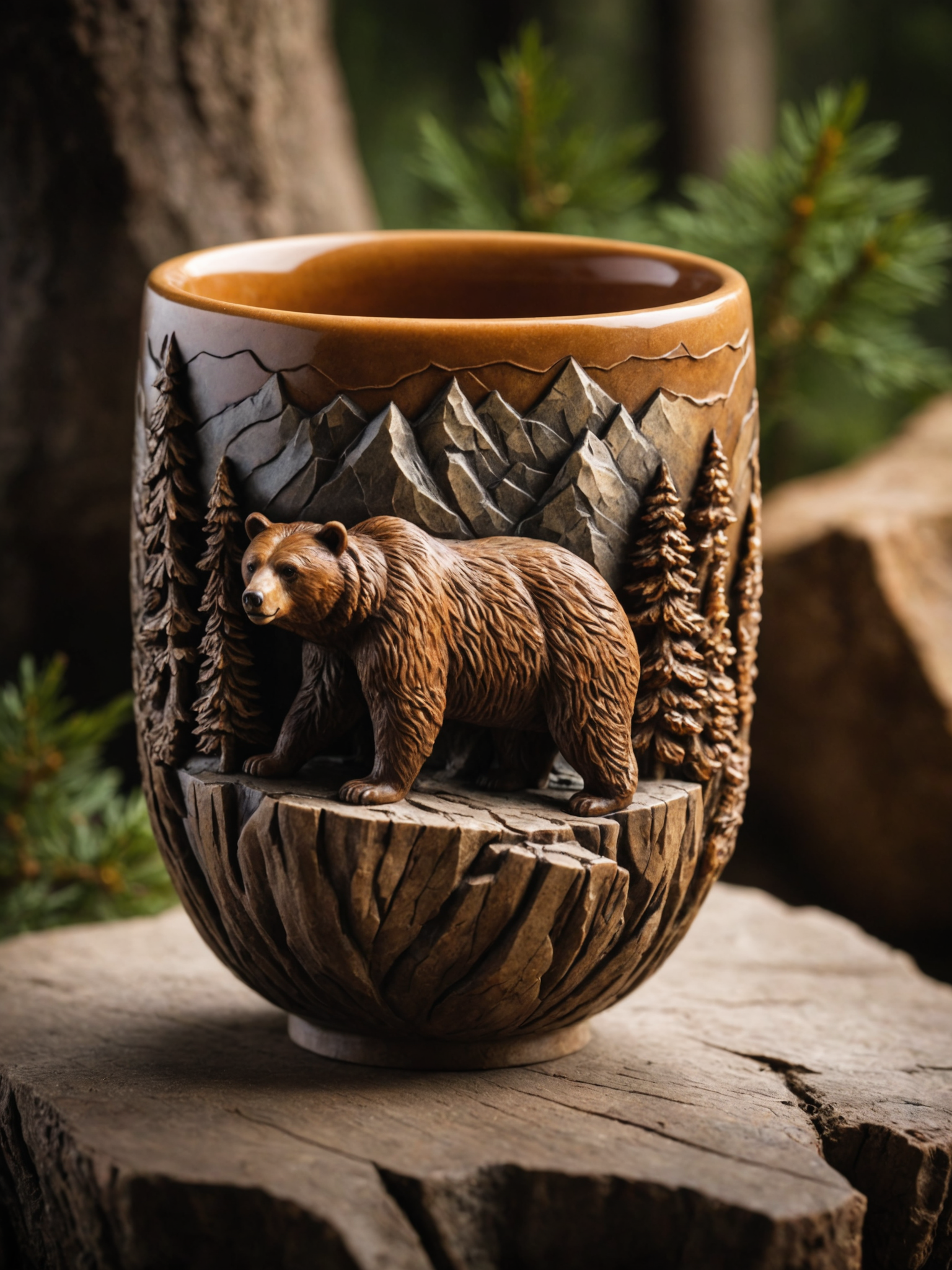 photo of artistic stone cup with 3d carving, brown bears the mountain forest theme, ornamented by amber accents, masterpiece of art, visually stunning, intricate details, sharp focus,55mm f/ 1. 8 lens,  depth of field, natural daylight