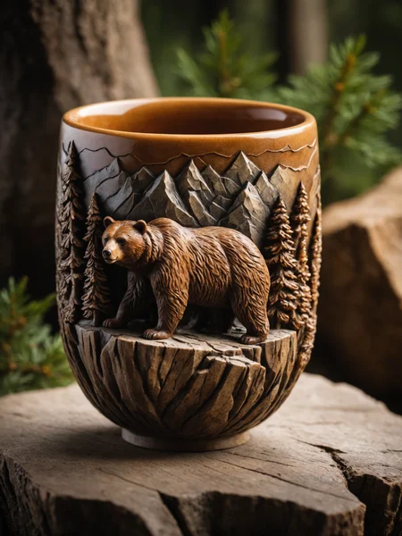photo of artistic stone cup with 3d carving, brown bears the mountain forest theme, ornamented by amber accents, masterpiece of art, visually stunning, intricate details, sharp focus,55mm f/ 1. 8 lens, depth of field, natural daylight