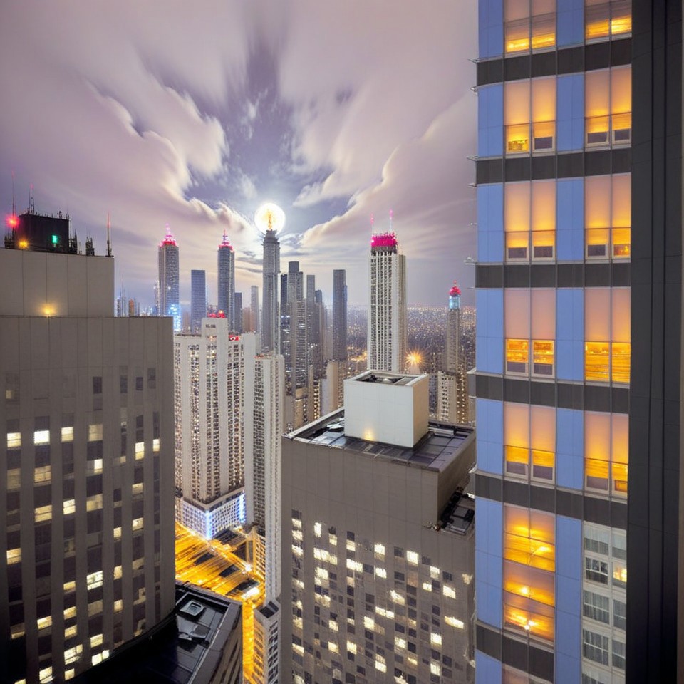 Night, view around window of upper floor skyscraper. dark-orange cloud lumened by city, bright moon, dark-gray-purple sky, sky scrapers with white frequent square windows; shades of skyscraper windows: light blue, The roofs of skyscrapers are dark squares or illuminated with a dim blue border,