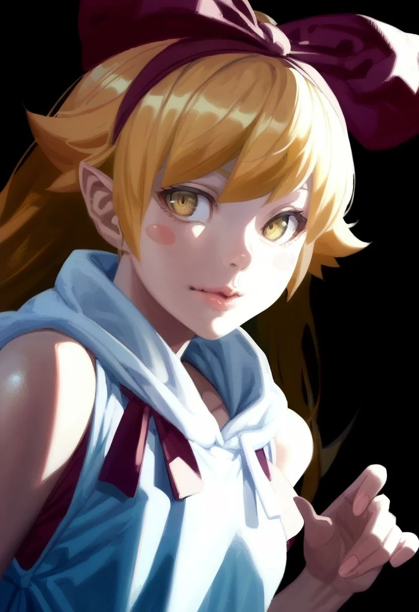 score_9,score_8_up,score_7_up,score_6_up, easynegative, SJ_Style, oshino shinobu,long hair,solo,blonde hair,yellow eyes,pointy ears,blush stickers,,fang, 1girl, upper body, pom pom (clothes), simple background, blonde hair, lips, hair bow, looking at the viewer, hood down, black background, sleeveless hoodie, bow hairband, nose, drawstring, ribbon, epiCPhoto