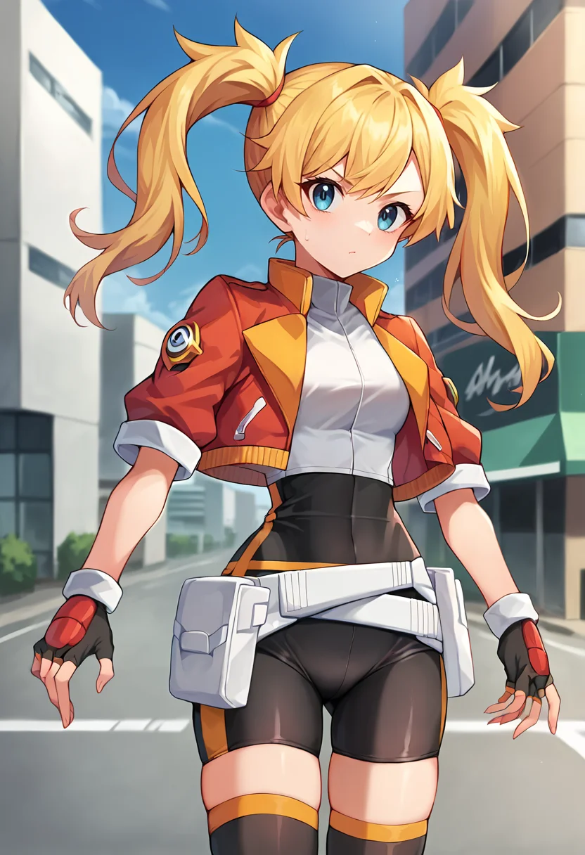 score_9, score_8_up, score_7_up, masterpiece, source_anime, 1girl, ct_s0lana, twin tails, blonde hair, blue eyes, long hair, cropped jacket, white shirt, bike shorts, white belt pouch, black thighhighs, fingerless gloves, skin tight, looking at viewer, outdoors, depth of field, city, sunny, cowboy shot,<lora:Solana_Clothing_Pony_ct:1>,   ,