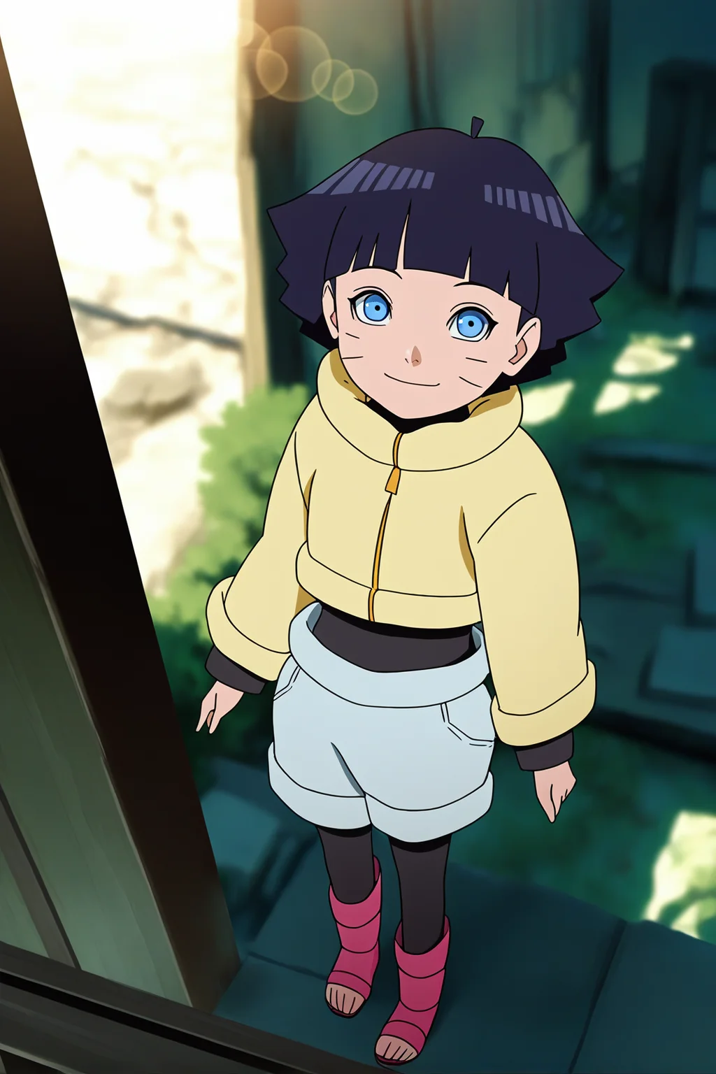 sharp focus, pixiv masterpiece, source_anime, score_9, score_8_up,  score_7_up, score_6_up, absurd res, BREAK
<lora:Himawari_Uzumaki_IL_v1-000012:0.9>,uzumaki_himawar1_illu, 1girl, solo, dark_blue_hair, short_hair,yellow jacket, sunny day, looking at viewer, grey_shorts, black leggings, full body, outside, abandoned village, from above, bokeh, blurry background, faint smile, pink shinobi_sandals