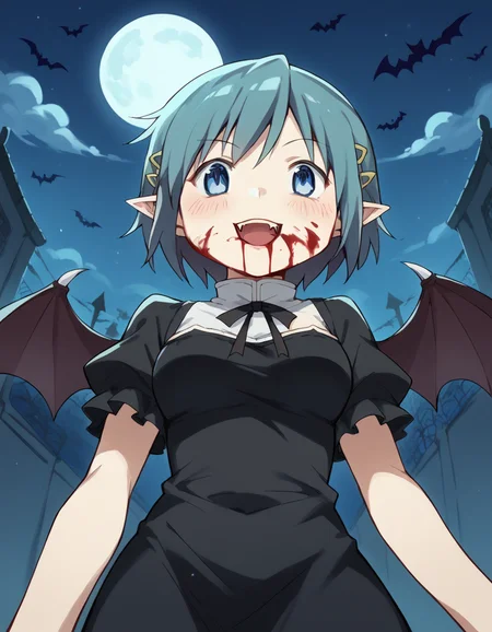 score_9, score_8_up, score_7_up, source_anime, <lora:sayaka-miki-s1-ponyxl-lora-nochekaiser:1>, sayaka miki, short hair, blue eyes, hair ornament, blue hair, hairclip, medium breasts,, <lora:vampire-ponyxl-lora-nochekaiser:1>, vampire, red eyes, pointy ears, fangs, black dress, wings, blood, blood on face, blood on mouth, bat (animal), halloween, halloween costume, upper teeth only, night, moon, blush, smile, open mouth, , dutch angle, cowboy shot