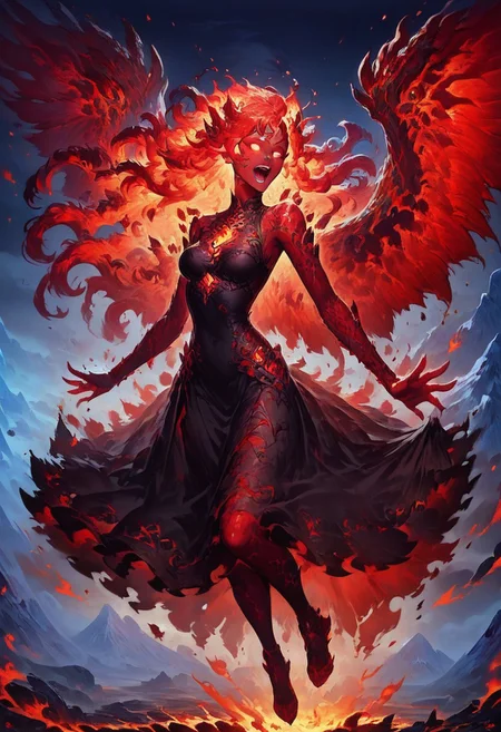 score_9, score_8_up, score_7_up, dress, woman, solo, glowing eyes, outdoors, mountain, fire, wings, long hair, open mouth, glowing, black dress, fiery hair, floating hair, looking at viewer, molten rock, full body, red hair, sky, sleeveless dress, sleeveless, glowing hair, bare shoulders, night, colored skin, personification, blank eyes, flying, highly detailed, intricate, zzCitronCAT, cowboy shot, explicit, revealing, sexy, see-through
