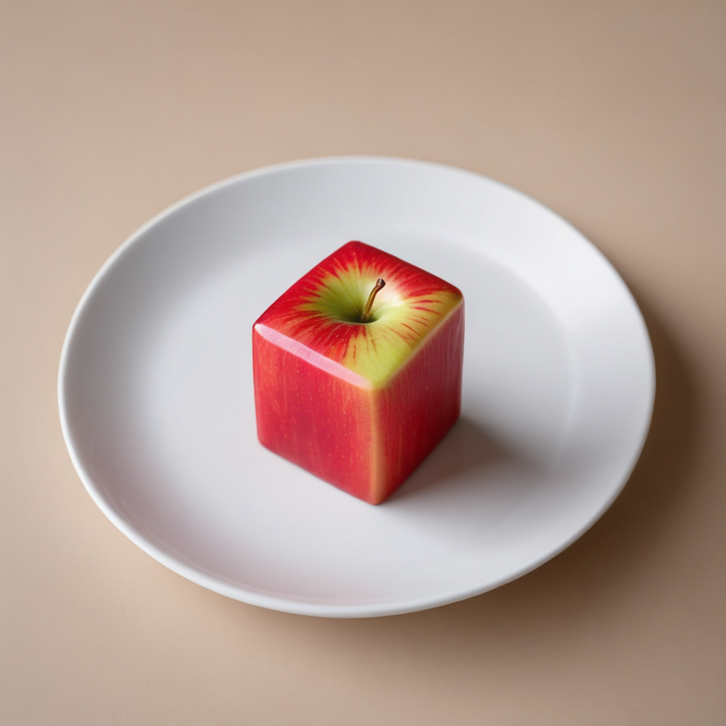 A square-shaped apple, compressed and reshaped, sits in the center of a pristine white plate. The apple retains its vibrant red hue, but its form is distinctly cubic, a surreal transformation from its natural round shape. The plate rests on a wooden table, bathed in soft, natural light filtering in from a nearby window. The scene is captured in hyper-realistic detail, emphasizing the textures of the apple's skin and the grain of the wooden table. Medium: Photography. Style: Hyper-realism with a touch of surrealism. Lighting: Soft, diffused daylight. Colors: Vibrant reds of the apple contrasted with the muted tones of the table and plate. Composition: Shot with a Canon EOS 5D Mark IV DSLR camera, EF 50mm f/1.8 STM lens, Resolution 30.4 megapixels, ISO sensitivity: 100, Shutter speed 1/125 second, with a focus on the apple., <lora:chunks3:0.65>