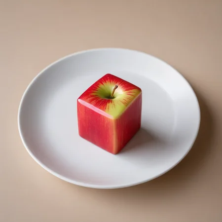 A square-shaped apple, compressed and reshaped, sits in the center of a pristine white plate. The apple retains its vibrant red hue, but its form is distinctly cubic, a surreal transformation from its natural round shape. The plate rests on a wooden table, bathed in soft, natural light filtering in from a nearby window. The scene is captured in hyper-realistic detail, emphasizing the textures of the apple's skin and the grain of the wooden table. Medium: Photography. Style: Hyper-realism with a touch of surrealism. Lighting: Soft, diffused daylight. Colors: Vibrant reds of the apple contrasted with the muted tones of the table and plate. Composition: Shot with a Canon EOS 5D Mark IV DSLR camera, EF 50mm f/1.8 STM lens, Resolution 30.4 megapixels, ISO sensitivity: 100, Shutter speed 1/125 second, with a focus on the apple., <lora:chunks3:0.65>