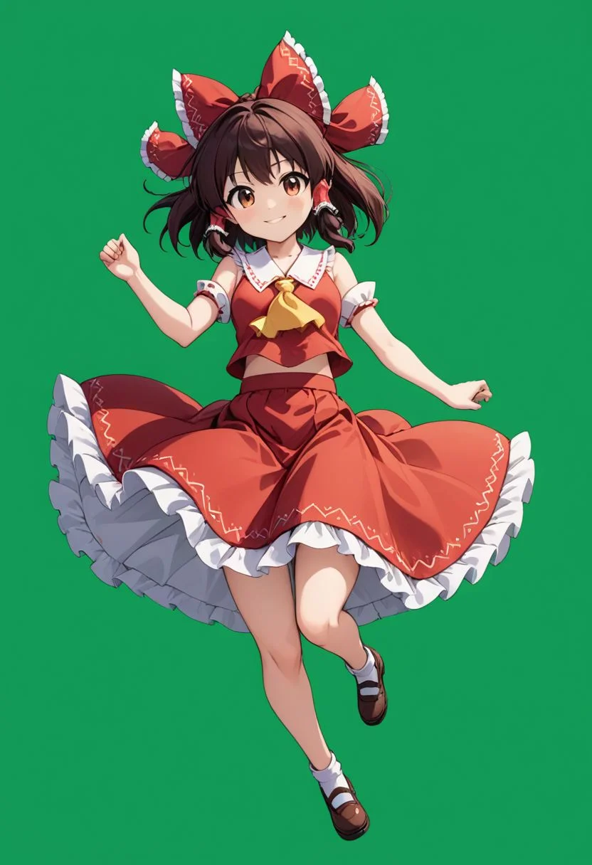 hakurei reimu, 1girl, red_bow, hair_bow, frilled_bow, frilled_hair_tubes, w, :o, sakura skirt<lora:hakurei_reimu_image6409_2023-12-06-000004:1>,symbol-shaped_pupils,. gorgeous,key visual, vibrant, studio anime,award-winning, professional, highly detailed,high budget, cinemascope, jump, fantasy, masterpeice, sakura skirt, smile, creative, artwork, magic, floating , jump forward, energetic, simple backgound, single color background, charming, wind,green screen