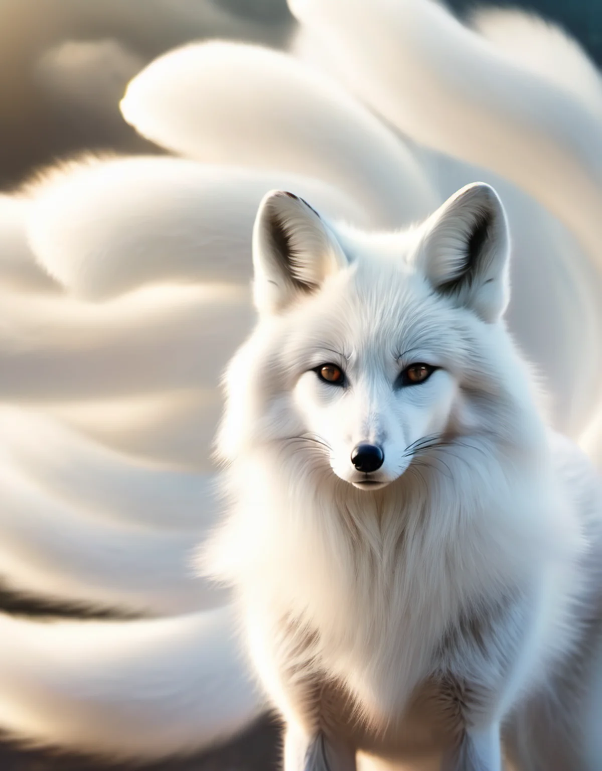 beautiful photo , a white fox with 9 white tails ((gumiho)) ((nine tailed white fox)) fox tail,fox ears, cosmic background,looking at the viewer,white smoke , (cinematic pose) , 8k resolution, soft lighting, film photography, film grain, hyperrealist <lora:Mr_Fox Spirit:1>