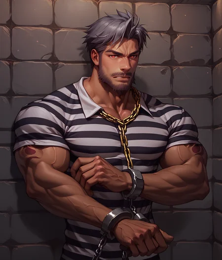 score_9, score_8_up, realistic, rating_questionable, bif, facial hair, beard,
<lora:clothes_prison-clothes-ponyxl-lora-nochekaiser:.7> prison clothes, prisoner, prison cell, prison, striped shirt, shackles, handcuffs, chain,
<lora:face_Adray_Lasbard:1>, AdrayLasbard, mature male, grey hair, short hair, red eyes, facial hair, mustache, muscular, arm tattoos,
glossy skin, 1 muscular male, handsome, short hair, detailed background, bara,, mature,
<lora:egg_leonard-04:.4><lora:style_Concept Art DarkSide Style LoRA_Pony XL v6:1><lora:slider_skin tone slider_last:-1>,<lora:slider_Body Type_alpha1.0_rank4_noxattn_last:1>