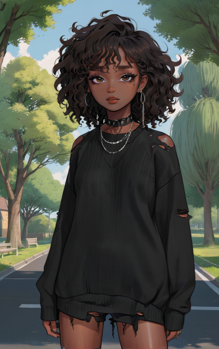 alt girl, digital art, ((professional anime illustration)), (best quality, masterpiece, aesthetic, colorful, dynamic angle, detailed), full body image of posing woman  with black skin and curly hair wearing oversized (ripped plain black sweater), chocker, detailed face with makeup, park with willows, best aesthetic, soft sunlight <lora:alt_fashion:0.7>  <lora:aesthetic_anime_v1s:0.7>