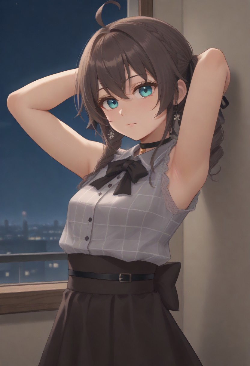 1girl, solo, solo focus, highres, absurdres, MatsuriMineGirl, brown hair, bangs, ahoge, twintails, black ribbon, hair between eyes, hair ribbon, flower earrings, blue eyes, medium hair, drill hair, braid,
small breasts, grey shirt, black choker, brown skirt, shoulder cutout, collared shirt, black bowtie, lace sleeves, plaid shirt, high-waist skirt, puffy short sleeves, 
looking at viewer, expressionless, closed mouth, head tilt, arms up, from side,
indoor, cityscape, neon lights, window, dark, night, night sky, 
light particles, backlighting, shade, light rays, lens flare, shiny skin, fine fabric emphasis,