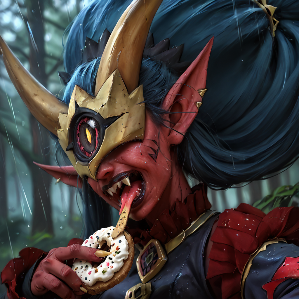 score_9, score_8_up, score_7_up,rating_safe,1girl,solo,medusamon,single eye,shirt,dress,detached sleeves,low wings,solo,  close up, munching on a cookie,  from side,  looking at viewer, bitten cookie,  eating, angry, rage, furious,  half-closed eye, v-shaped eyebrows, open mouth,shouting, portrait , <lora:MedusamonPony:1>  in a rain forest,  ,photo,DLSR,HDR, zPDXLrl