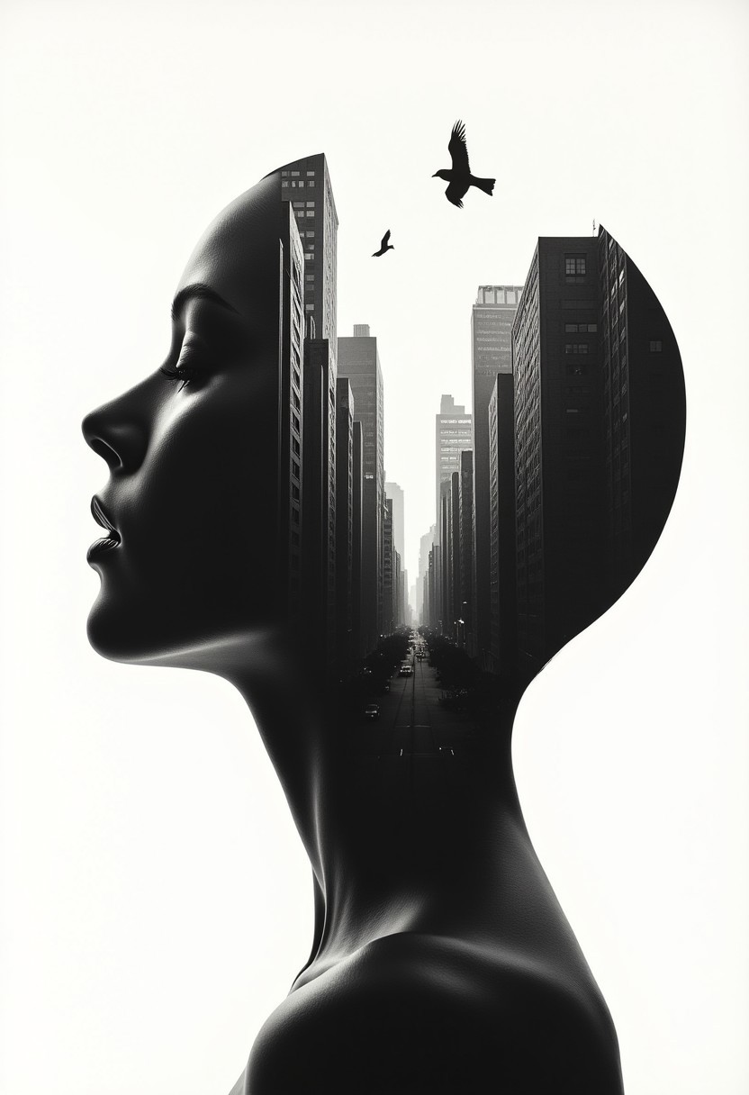 silhouette of a person's head, within which there appears to be a cityscape with buildings. (birds FLY BETWEEN BUILDINGS, INTO THE DISTANCE), giving a sense of openness and freedom. The visual style blends the human form with an urban landscape. The monochrome tones