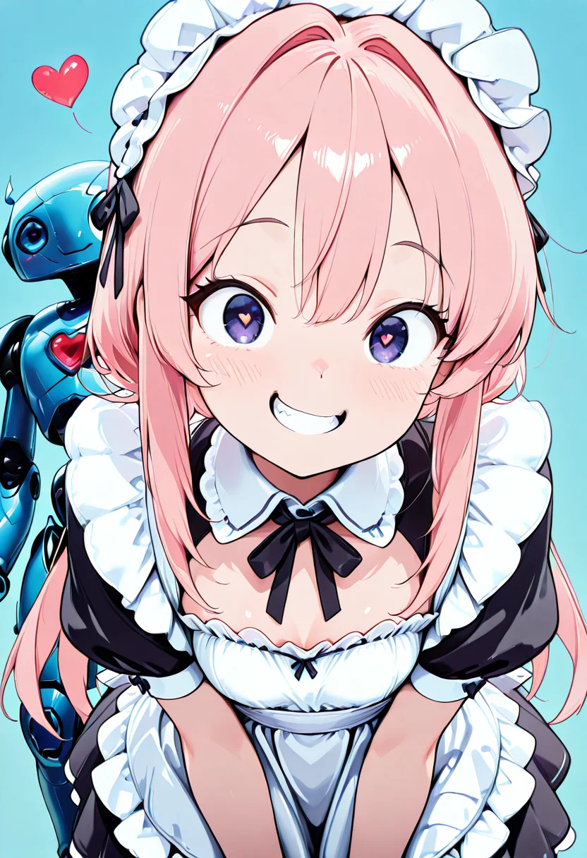 masterpiece, best quality, amazing quality, CivChan, pink hair, purple eyes, maid uniform, CivBot, 1girl, long hair, breasts, looking at viewer, blush, smile, bangs, simple background, dress, ribbon, hair between eyes, purple eyes, pink hair, short sleeves, heart, small breasts, frills, teeth, puffy sleeves, grin, apron, black dress, puffy short sleeves, maid, maid headdress, black ribbon, neck ribbon, detached collar, blue background, hair intakes, white apron, <lora:CivChanIllustrious:1.0>, <lora:CivBotIXL_v1:1.0>,
