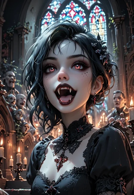 score_9, score_8_up, score_7_up, score_6_up, dark beauty, gothic church, beautiful goth woman, 30 years old, vampire fangs, slightly open mouth, sitting on pew, candlelight, cold vibes, GTHAN, d3t41l3d, cowboy shot