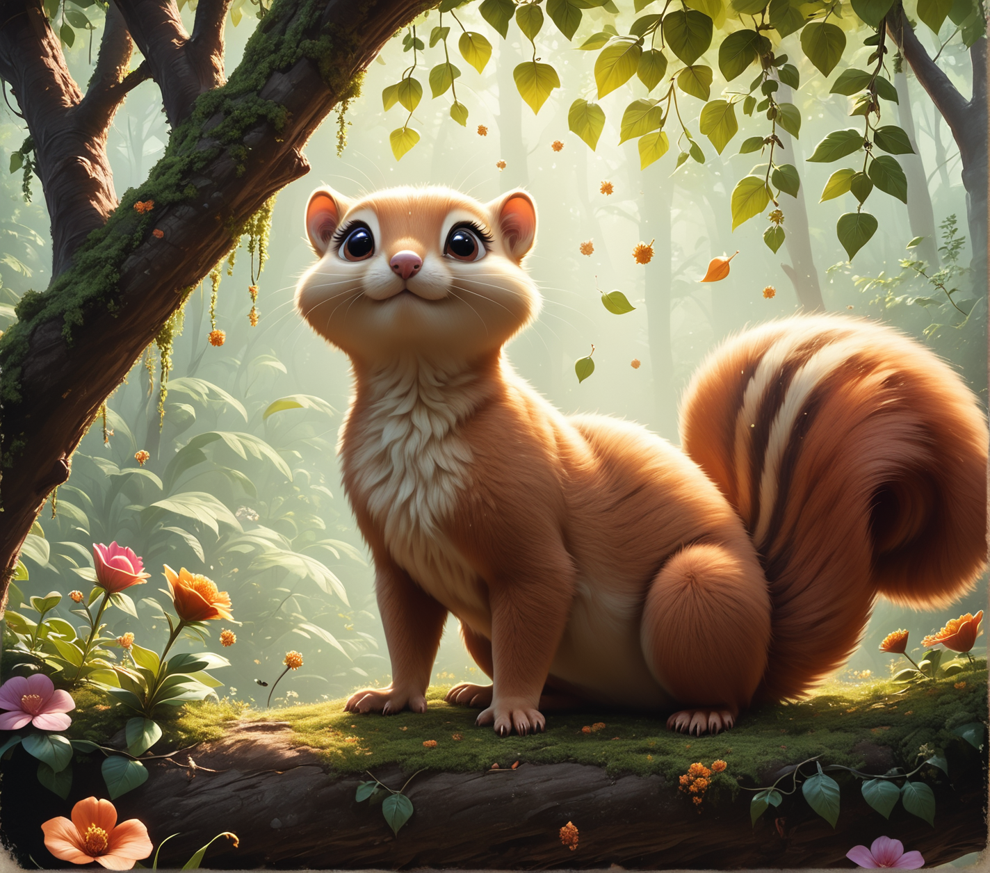 score_9, score_8_up, score_7_up, score_6_up, score_5_up, score_4_up, Detailed 3D digital art Vibrant digital painting with photorealistic details, depicting an adorable squirrel with bright eyes and detailed fur, nestled in a lush, mossy tree hollow surrounded by leaves, flowers; the background is a sunlit forest with beams of light filtering through the foliage, creating a warm, magical atmosphere with rich green and brown tones.
