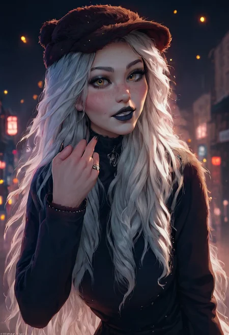 score_9, score_8_up, score_7_up, score_6_up, score_5_up, score_4_up, rating_explicit, 1girl, mischievous, Flora Heloise Daisy, fit woman, rabbit ears, rabbit tail, rabbit feet, 29 year old, face focus, blush, platinum blonde hair, beautiful face, bangs, ((Luscious hair, flowing hair, soft hair, full hair):1.2), black chocker, yellow eyes, toned, slender, perfect big saggy breasts, freckles, nice butt, wide hips, thick thighs, ((detailed fluffy fur, realistic fur, soft fur, fluffy fur, realistic lighting, natural lighting, soft lighting, subsurface scattering,):1.3), beautiful, (hazel eyes), detailed face, realistic face, make up, black lipstick,long nails, black nails, black eyes, sm eyeshadow, long eyelashes, eyeliner,full lips, close up on face, face close up, choker, rings, bracelet, perfect hands, seductive smile, great view,pose,
Break
Baseball cap, black hoodie, long skirt, smiling
Break
City streets, winter, paw pose, crouching, glowing, neon