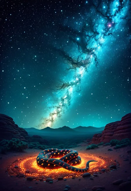 the sacred aboriginal snake god, is body made of a million stars coiled in the night sky as an immense representation of an incandescent snake of color dots, ocre, red, turquoise beans, pearls, lizard, depth of field, soft tones, mist mysteries, star field, milyk way, dreamlike space scenery, orobouros,