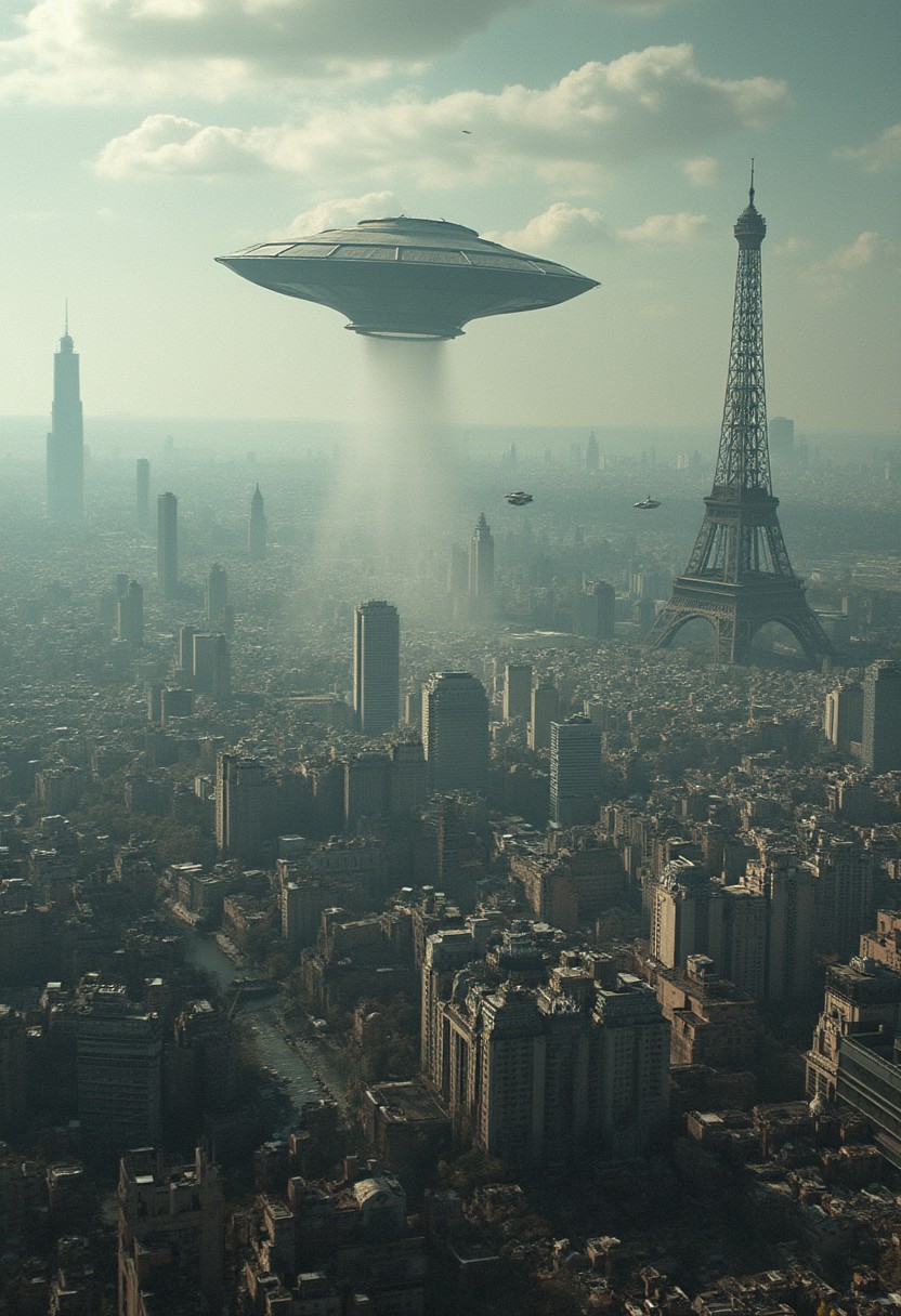 a large city filled with lots of tall buildings, a detailed matte painting, by Raphaël Collin, digital art, ufo flying over paris, world of war spaceships, wideshot, amazingly composed image, naboo, in the foreground paris, 2077, benjamin vnuk, alexey egorov, dirk dzimirsky, paris, futuristic