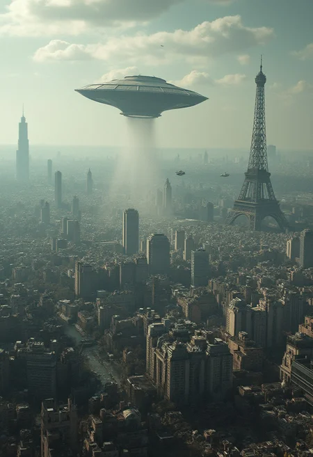 a large city filled with lots of tall buildings, a detailed matte painting, by Raphaël Collin, digital art, ufo flying over paris, world of war spaceships, wideshot, amazingly composed image, naboo, in the foreground paris, 2077, benjamin vnuk, alexey egorov, dirk dzimirsky, paris, futuristic