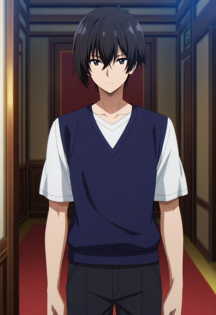 masterpiece, best quality, anime screencap, official style, anime coloring, cowboy shot, 1boy, solo, male focus, <lora:cid_kagenou_ilxl:0.94>, cid_kagenou, black hair, short hair, hair between eyes, bangs, black eyes,