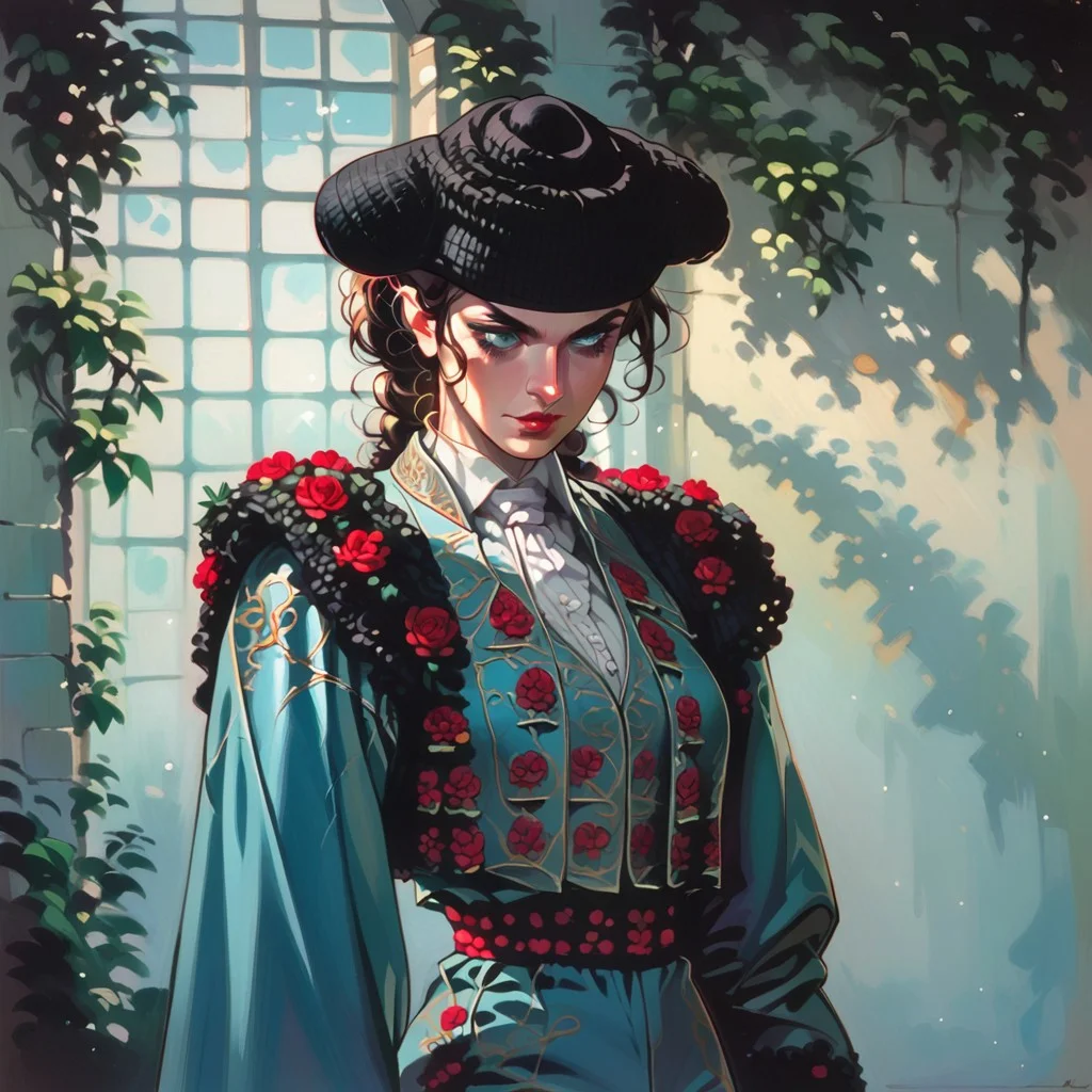 score_9, score_8_up, 2d, highest quality, illustration, 1girl, beautiful girl, Joan, matador_costume, matador, matador hat, bull in background, bullfight arena, volumetric lighting, cowboy shot