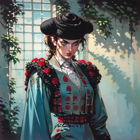 score_9, score_8_up, 2d, highest quality, illustration, 1girl, beautiful girl, Joan, matador_costume, matador, matador hat, bull in background, bullfight arena, volumetric lighting, cowboy shot