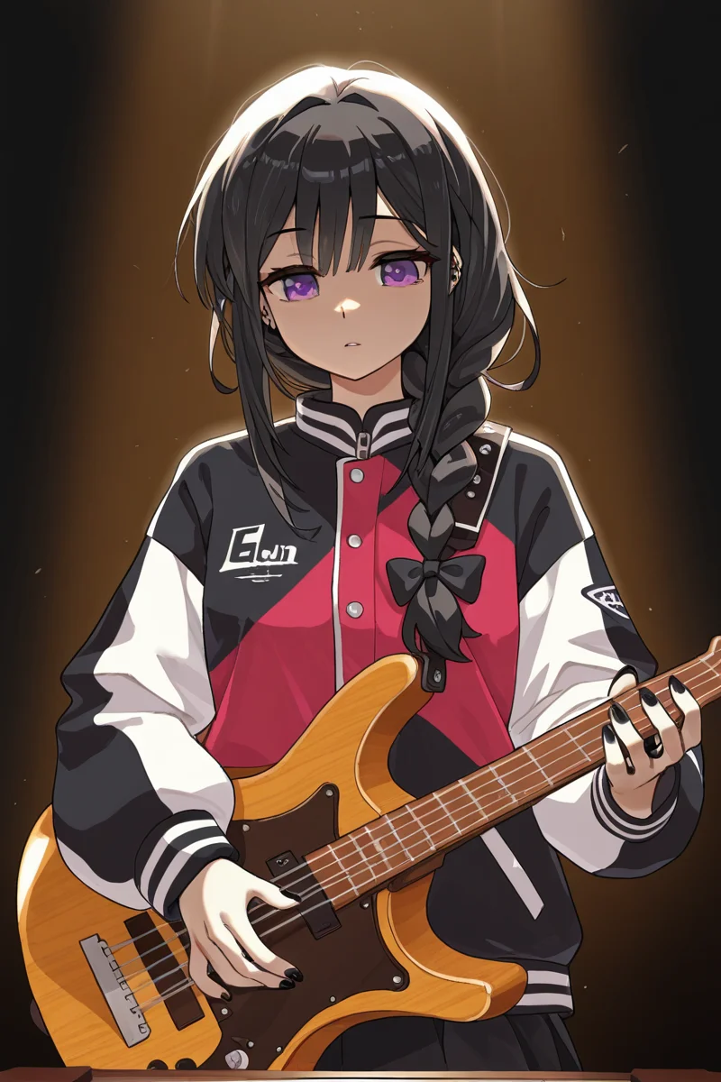 masterpiece, best quality, amazing quality,
<lora:Lango_IL:1> lango, 1girl, multicolored jacket, two-tone jacket, black nails, solo, instrument, braid, jacket, multicolored clothes, hair over shoulder, bow, holding instrument, hair bow, black bow, purple eyes, holding, single braid