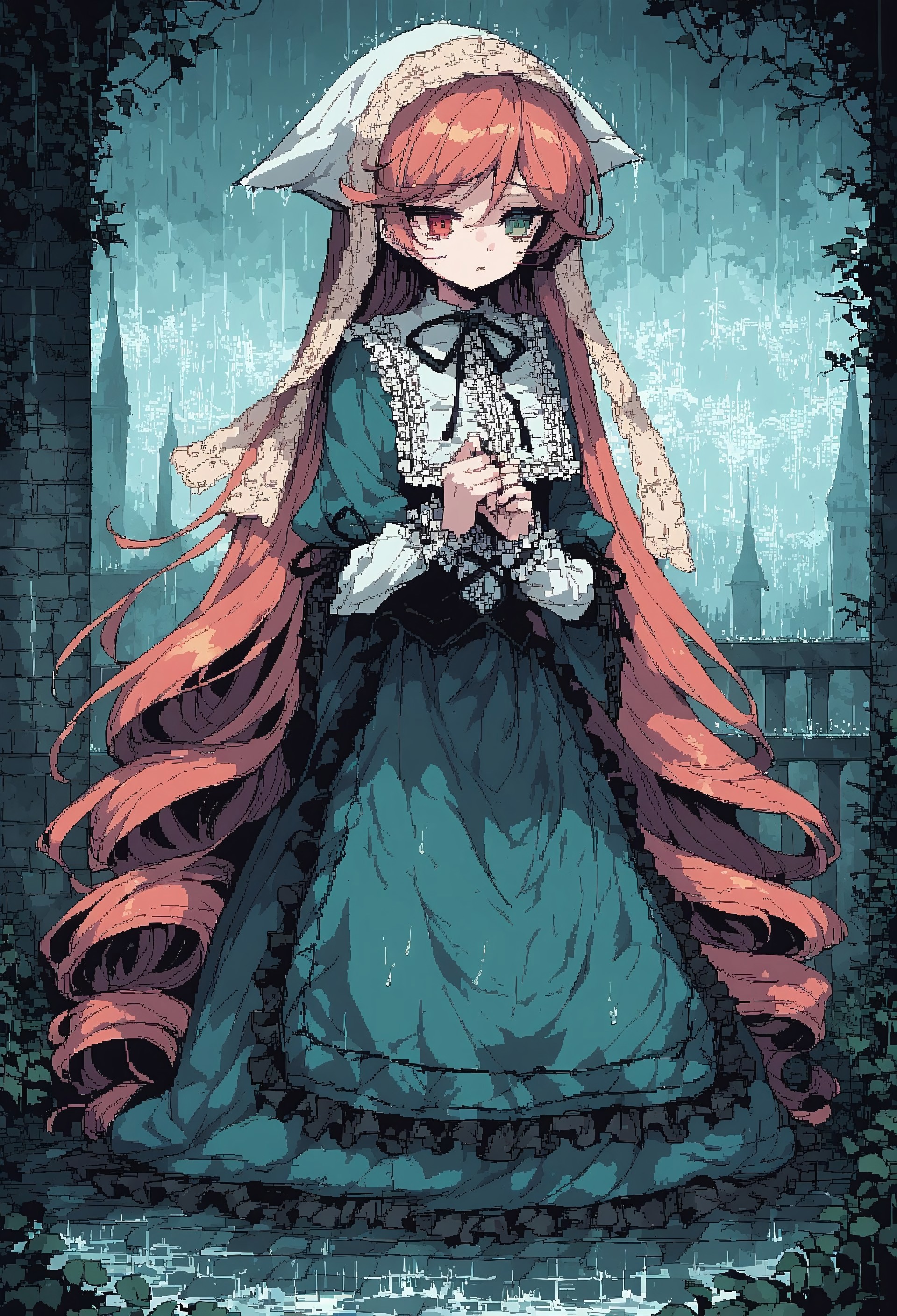 score_9, score_8_up, score_7_up, score_6_up, score_5_up, score_4_up,<lora:d3p1x3lXLP:1> , source_anime, d3p1x3l, pixel art, 1girl,alone,kneeling, (hill:1.2),top of a hill,girl on top of a hill, rain, wet, wet surface, <lora:Rain (pony) v1:1>,<lora:Pony_DetailV2.0:1>, suiseiseki, green dress, corset, sad, castle, gothic, 