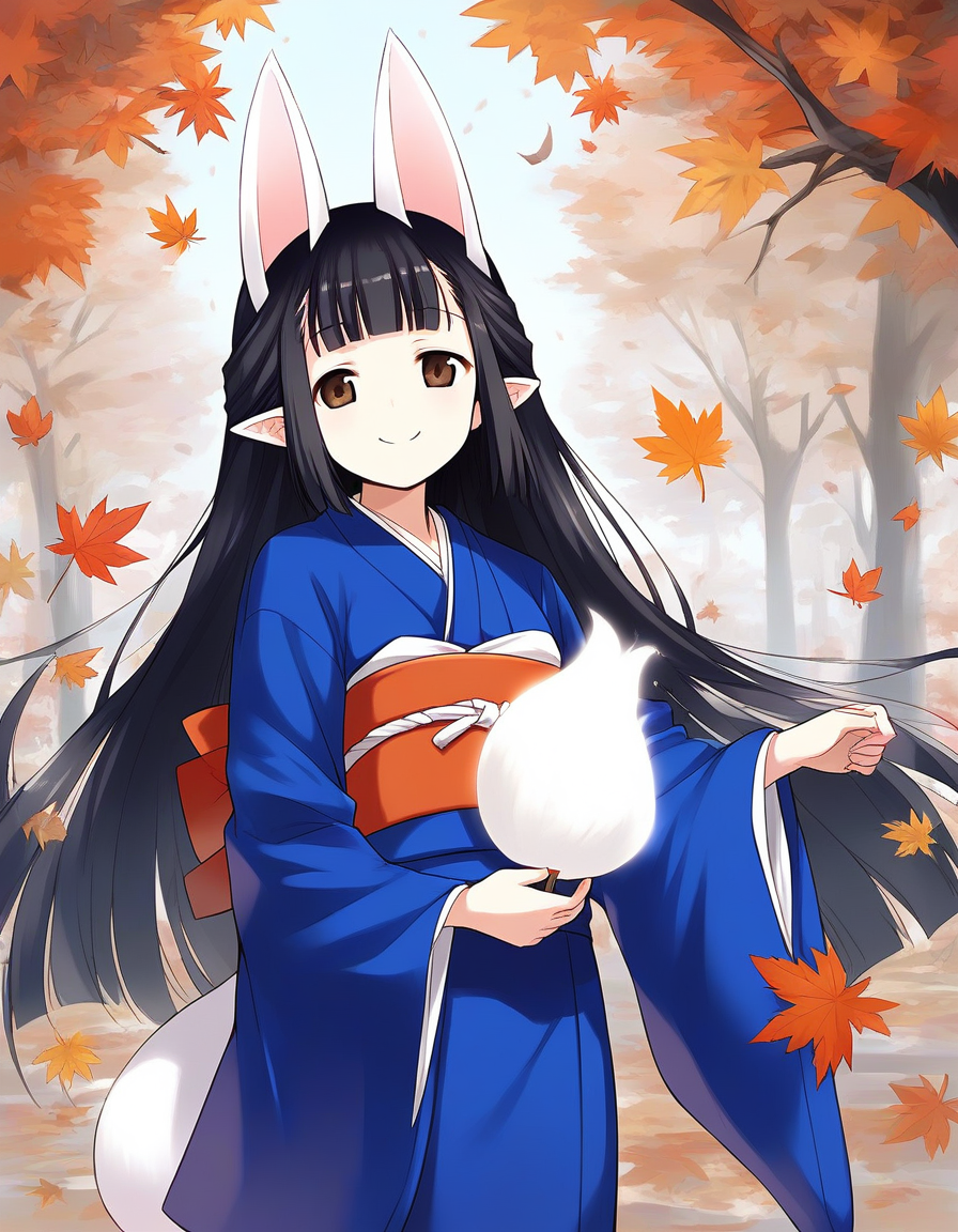 score_9, score_8_up, score_7_up, source_anime, rating_explicit, BREAK  <lora:Hasaha_Ver2.0_XL:1> Hasaha, animal ears, black hair, brown eyes, pointy ears,  white tail, 
 long hair, japanese clothes, kimono, sash, obi, blunt bangs, holding
japanese clothes, blue kimono,   sash, obi,  
fallen leaves, autumn, day,
smile, aura,
looking at viewer, 
cowboy_Shot,
